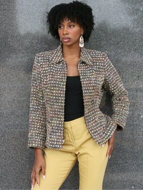 LARGE Women's Multi-Color Tweed Jacket - Classic Collared Coat v